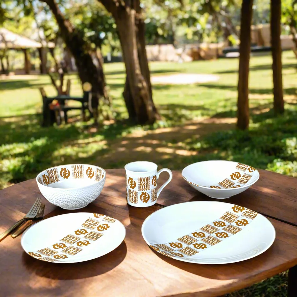 Gifts - Limited Edition: Set of 6 Customizable French Porcelain Plates - Unique Gold Adinkra Motifs, Handcrafted to Order - KEMI HOME ART