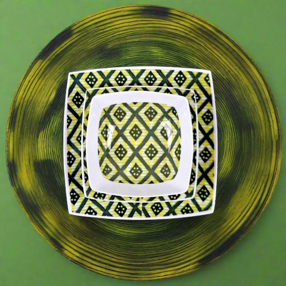 Cadeaux - Éclat Yoruba : Coffret de 6 assiettes en porcelaine française personnalisables, motif « Ibukunoluwa » – Artisanat d'exception sur mesure - KEMI HOME ART
