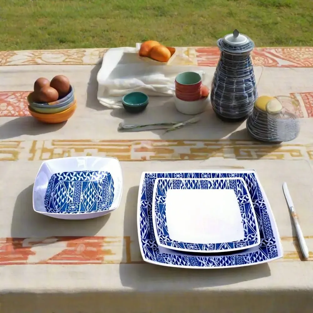 Gifts - Elegant Set of 6 Customizable Square Plates – Cameroon Ndop Blue Pattern, Unique Handcrafted Artistry Made to Order - KEMI HOME ART