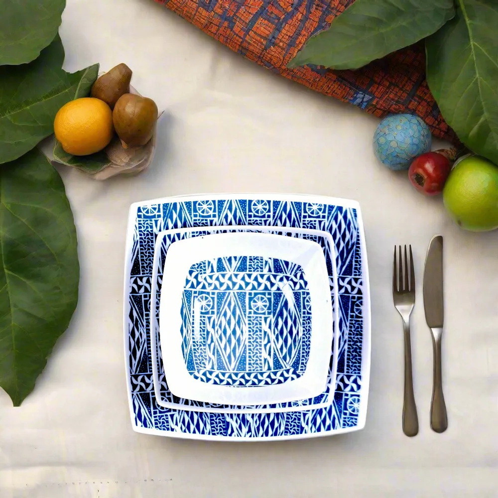 Gifts - Elegant Set of 6 Customizable Square Plates – Cameroon Ndop Blue Pattern, Unique Handcrafted Artistry Made to Order - KEMI HOME ART