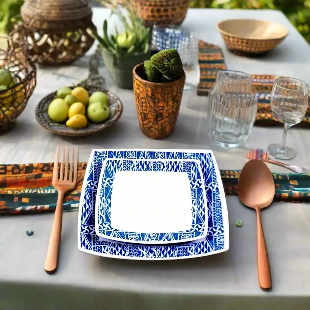 Gifts - Elegant Set of 6 Customizable Square Plates – Cameroon Ndop Blue Pattern, Unique Handcrafted Artistry Made to Order - KEMI HOME ART