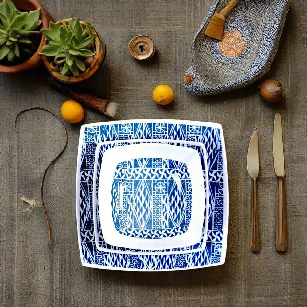 Gifts - Elegant Set of 6 Customizable Square Plates – Cameroon Ndop Blue Pattern, Unique Handcrafted Artistry Made to Order - KEMI HOME ART