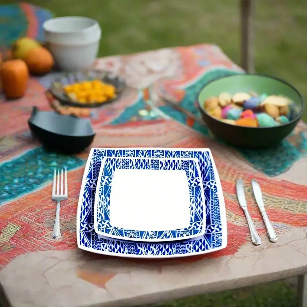 Gifts - Elegant Set of 6 Customizable Square Plates – Cameroon Ndop Blue Pattern, Unique Handcrafted Artistry Made to Order - KEMI HOME ART