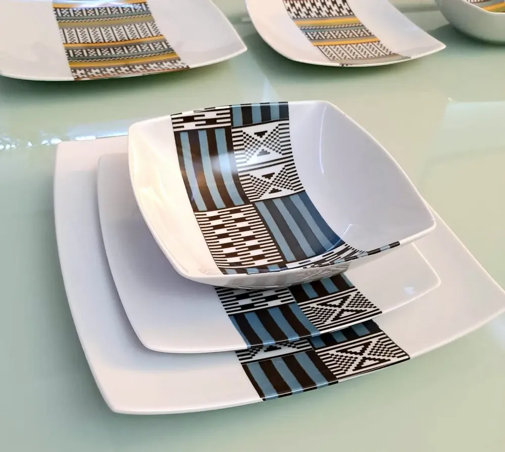 Cadeaux - Édition Limitée : Coffret de 6 Assiettes en Porcelaine Personnalisables - Motif Kounta Bleu du Niger, Artisanat d'Excellence - KEMI HOME ART