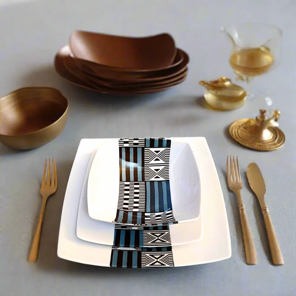Cadeaux - Édition Limitée : Coffret de 6 Assiettes en Porcelaine Personnalisables - Motif Kounta Bleu du Niger, Artisanat d'Excellence - KEMI HOME ART