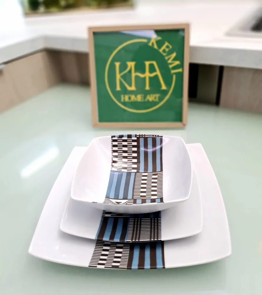 Cadeaux - Édition Limitée : Coffret de 6 Assiettes en Porcelaine Personnalisables - Motif Kounta Bleu du Niger, Artisanat d'Excellence - KEMI HOME ART