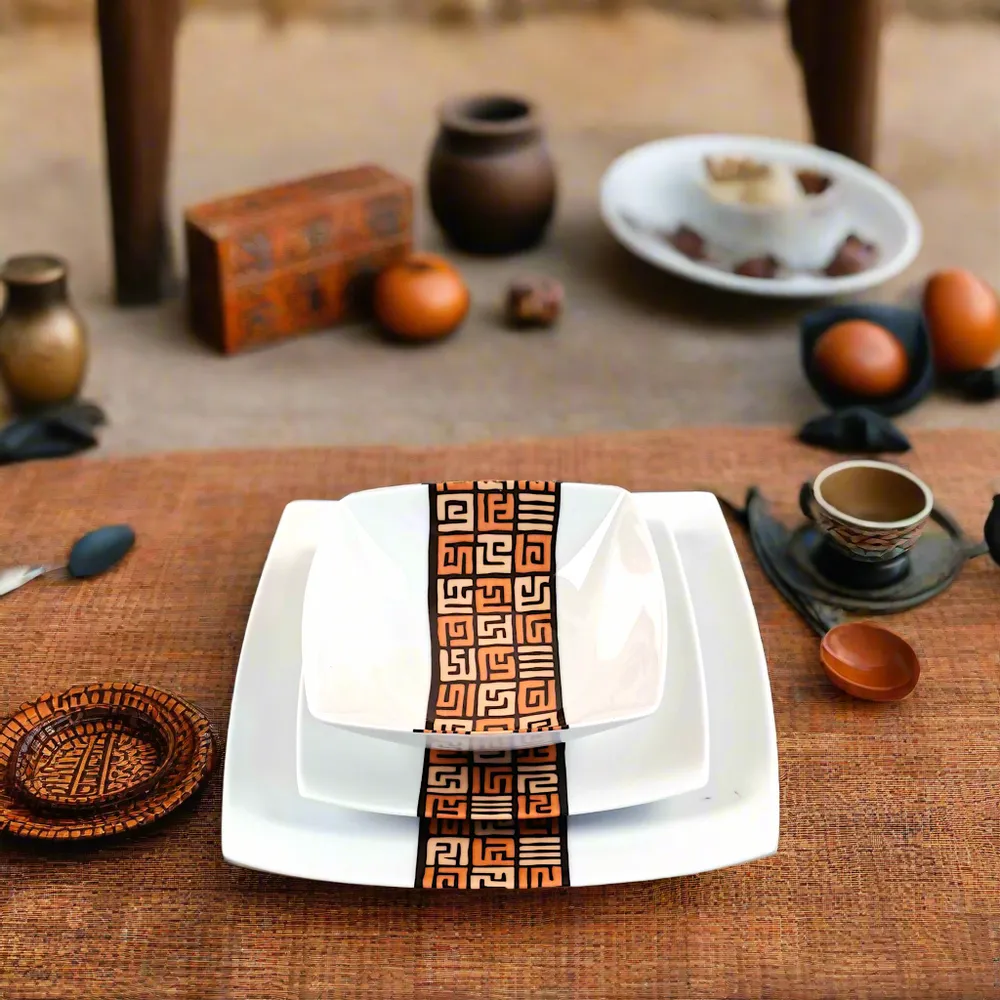 Gifts - Limited Edition: Set of 6 Customizable Porcelain Plates - Ntshak Kuba Motif, Master Craftsmanship - KEMI HOME ART