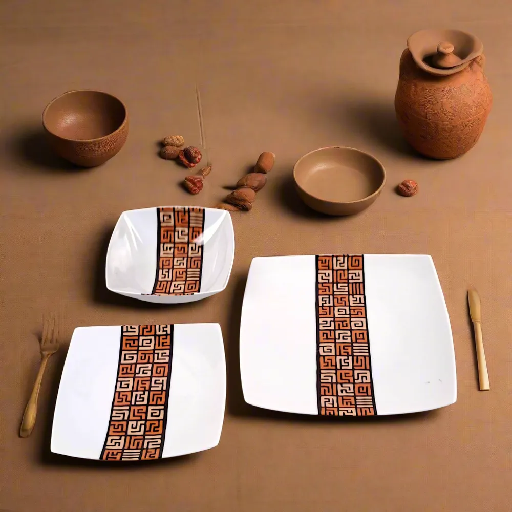 Gifts - Limited Edition: Set of 6 Customizable Porcelain Plates - Ntshak Kuba Motif, Master Craftsmanship - KEMI HOME ART