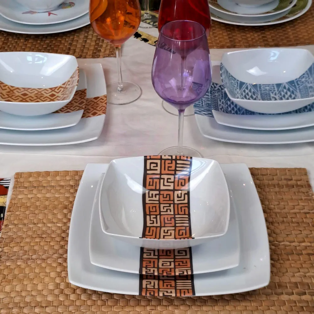 Gifts - Limited Edition: Set of 6 Customizable Porcelain Plates - Ntshak Kuba Motif, Master Craftsmanship - KEMI HOME ART
