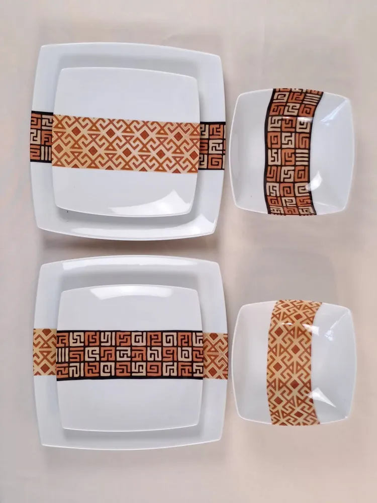 Gifts - Limited Edition: Set of 6 Customizable Porcelain Plates - Ntshak Kuba Motif, Master Craftsmanship - KEMI HOME ART