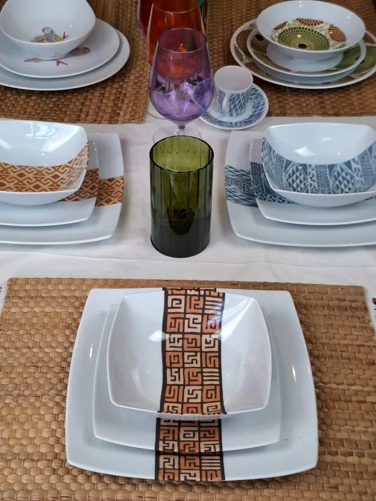 Gifts - Limited Edition: Set of 6 Customizable Porcelain Plates - Ntshak Kuba Motif, Master Craftsmanship - KEMI HOME ART