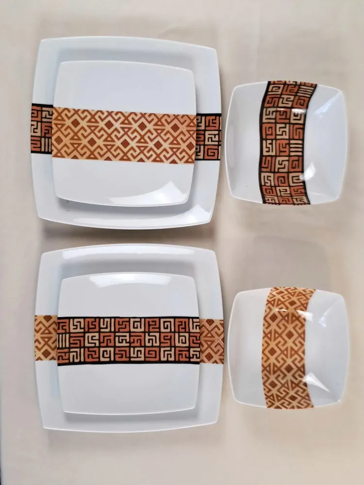 Gifts - Limited Edition: Set of 6 Customizable Porcelain Plates - Ntshak Kuba Motif, Master Craftsmanship - KEMI HOME ART