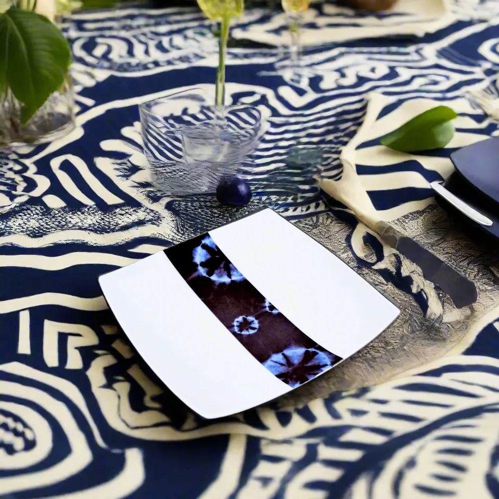 Gifts - Limited Edition: Set of 6 Customizable French Porcelain Plates - Unique Ethnic Indigo Pattern, Made to Order for an Exquisite Table Setting - KEMI HOME ART