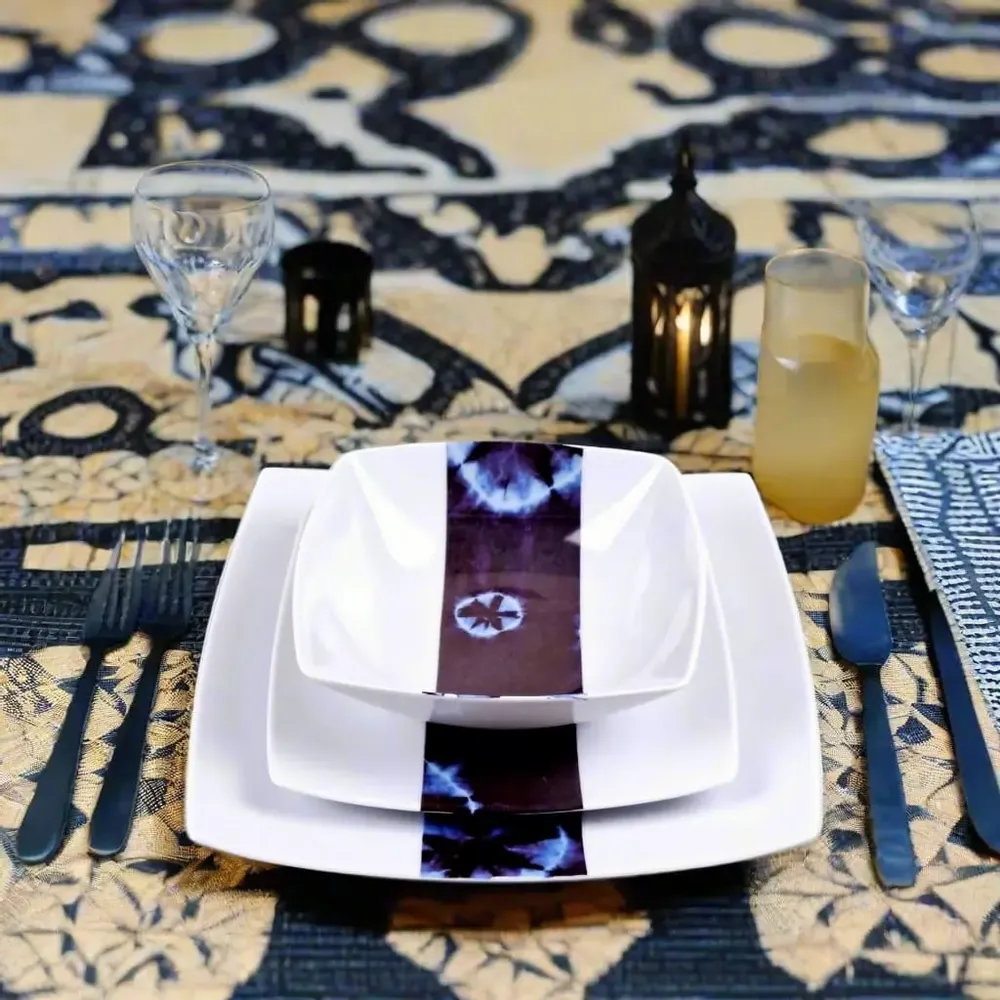 Gifts - Limited Edition: Set of 6 Customizable French Porcelain Plates - Unique Ethnic Indigo Pattern, Made to Order for an Exquisite Table Setting - KEMI HOME ART