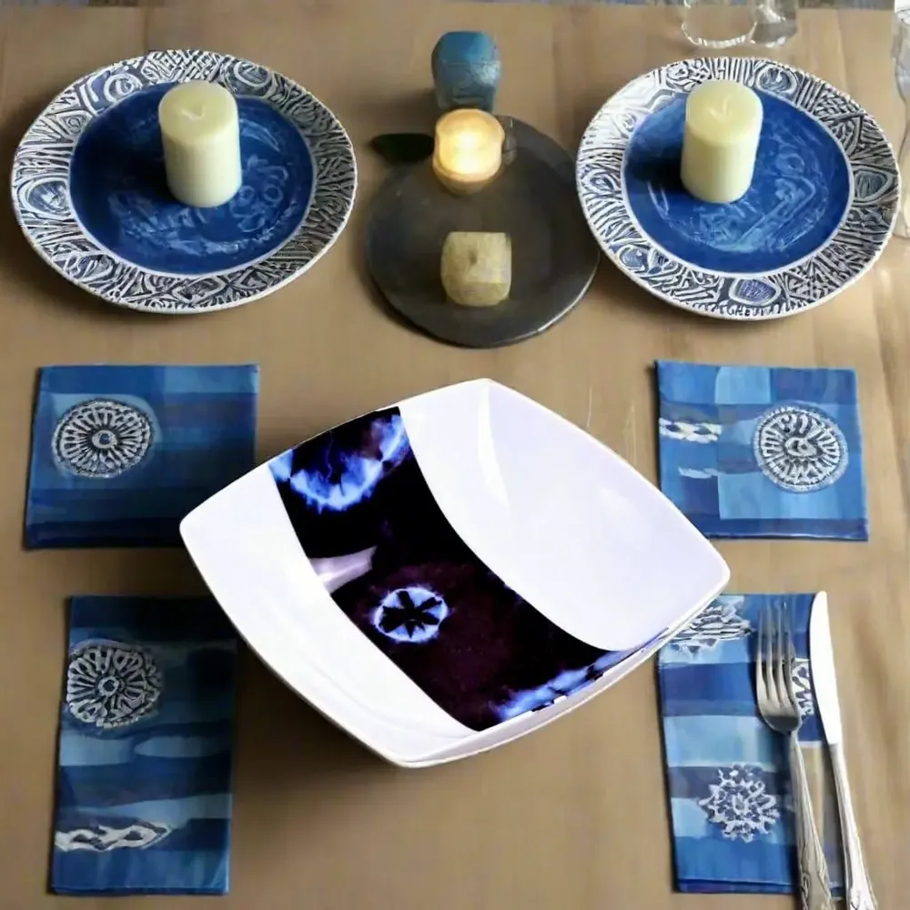 Gifts - Limited Edition: Set of 6 Customizable French Porcelain Plates - Unique Ethnic Indigo Pattern, Made to Order for an Exquisite Table Setting - KEMI HOME ART
