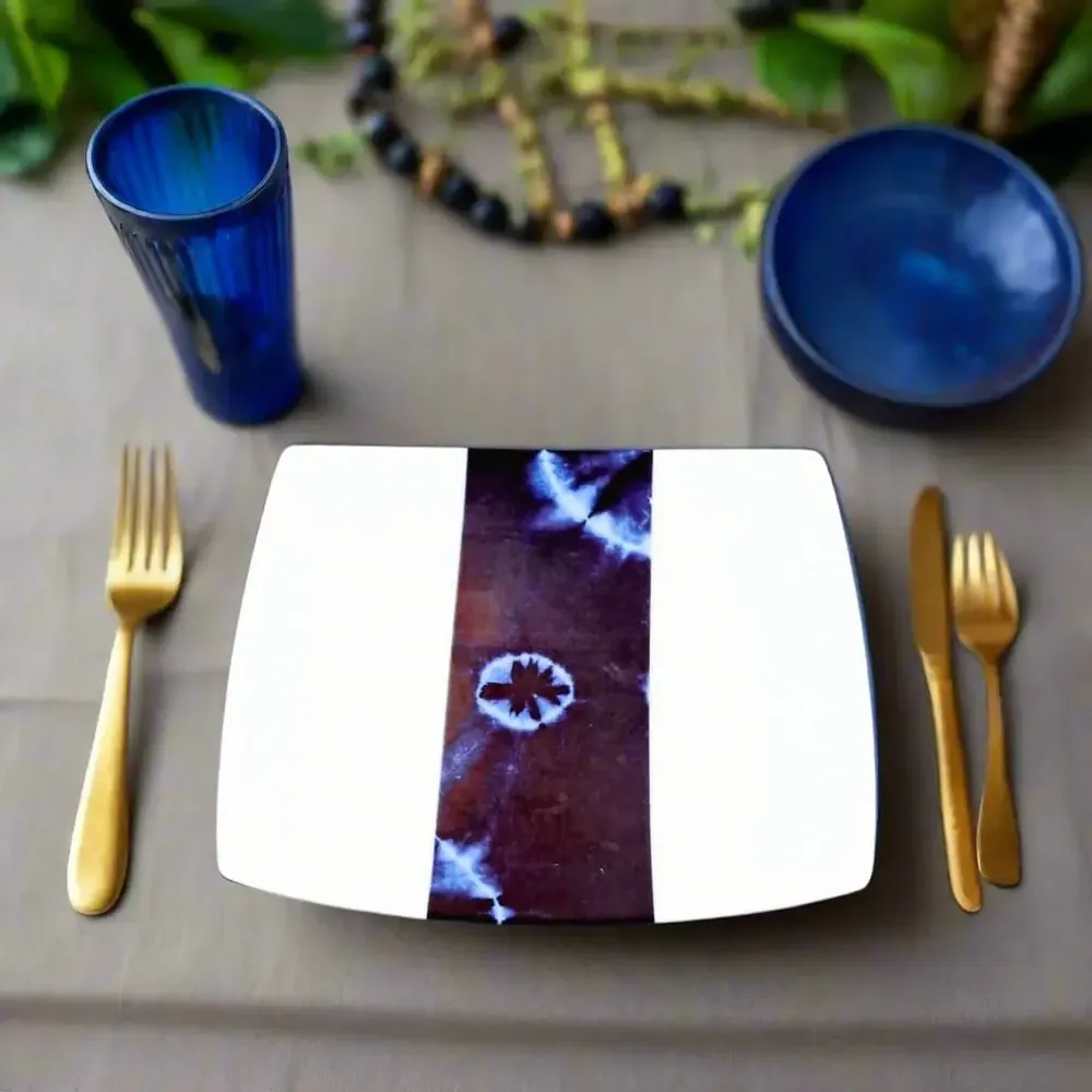 Gifts - Limited Edition: Set of 6 Customizable French Porcelain Plates - Unique Ethnic Indigo Pattern, Made to Order for an Exquisite Table Setting - KEMI HOME ART