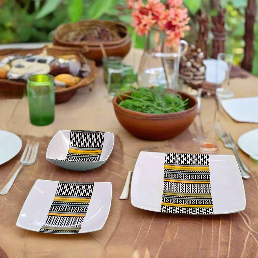 Gifts - Limited Edition: Set of 6 Customizable Square Plates – Kounta Motif from Niger, French Craftsmanship - KEMI HOME ART