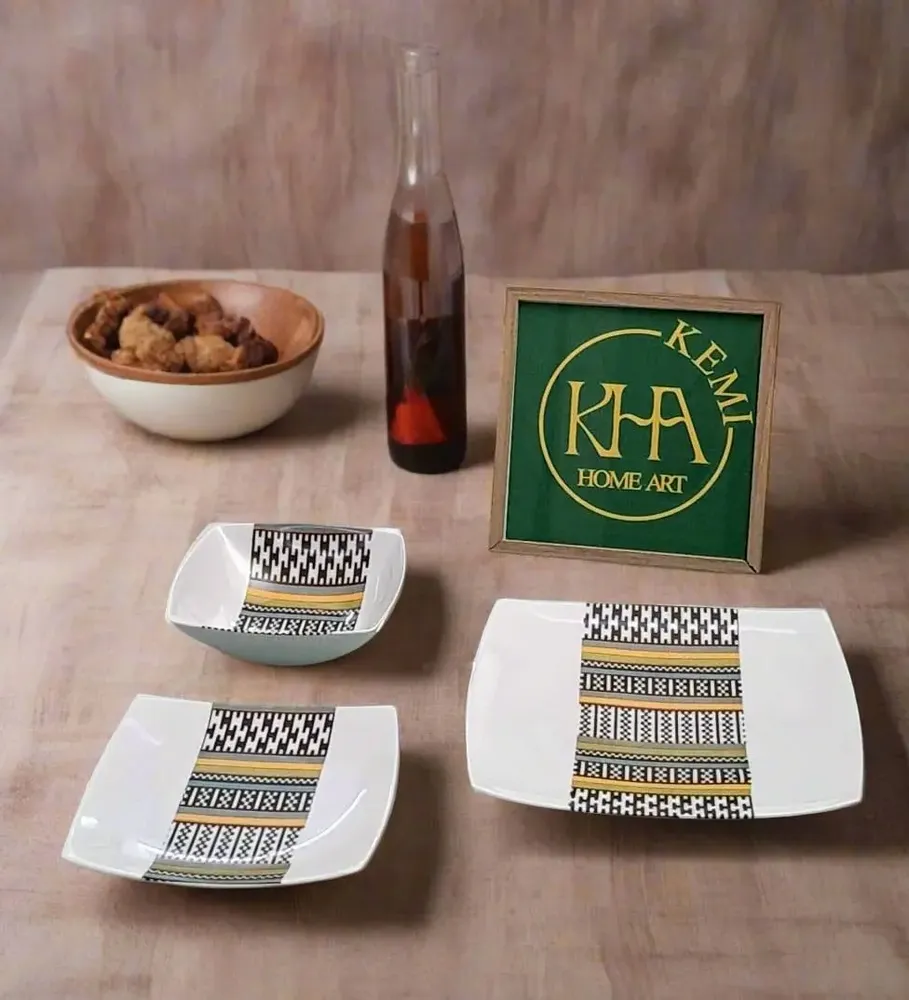 Gifts - Limited Edition: Set of 6 Customizable Square Plates – Kounta Motif from Niger, French Craftsmanship - KEMI HOME ART