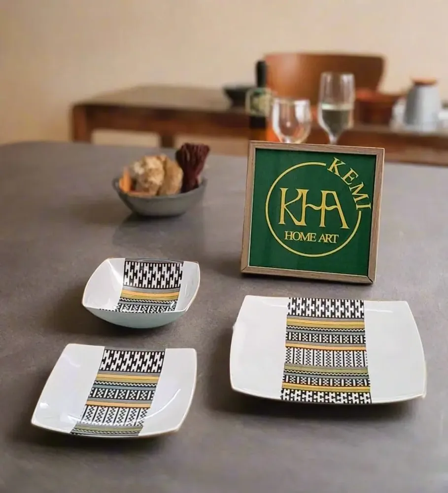 Gifts - Limited Edition: Set of 6 Customizable Square Plates – Kounta Motif from Niger, French Craftsmanship - KEMI HOME ART