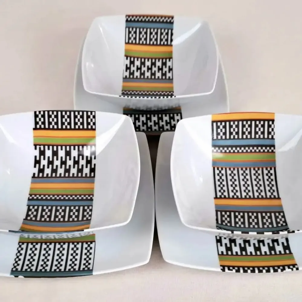 Gifts - Limited Edition: Set of 6 Customizable Square Plates – Kounta Motif from Niger, French Craftsmanship - KEMI HOME ART