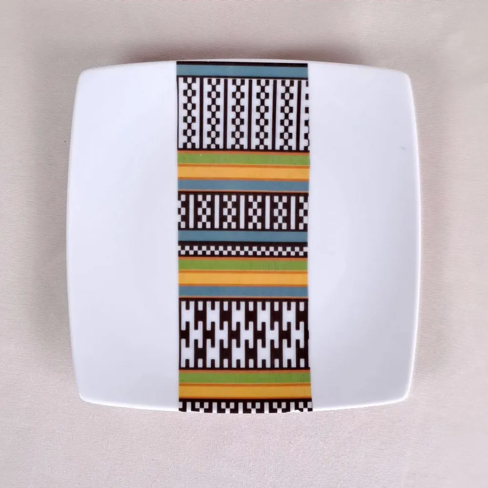 Gifts - Limited Edition: Set of 6 Customizable Square Plates – Kounta Motif from Niger, French Craftsmanship - KEMI HOME ART