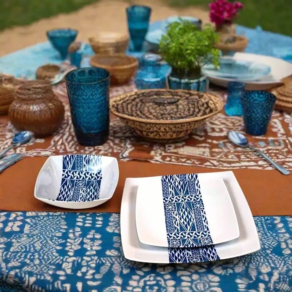 Gifts - Limited Edition: Set of 6 Customizable Ndop Blue Pattern Porcelain Plates – Unique Cameroonian Craftsmanship - KEMI HOME ART