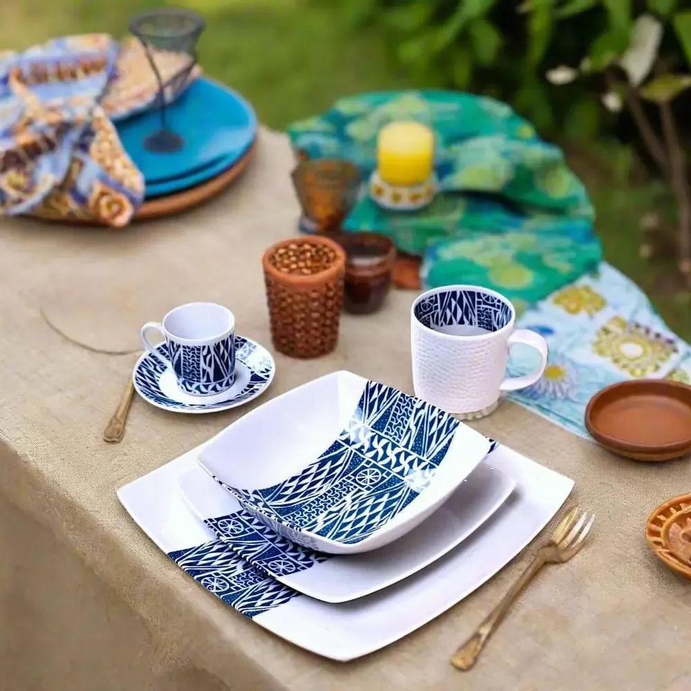 Gifts - Limited Edition: Set of 6 Customizable Ndop Blue Pattern Porcelain Plates – Unique Cameroonian Craftsmanship - KEMI HOME ART