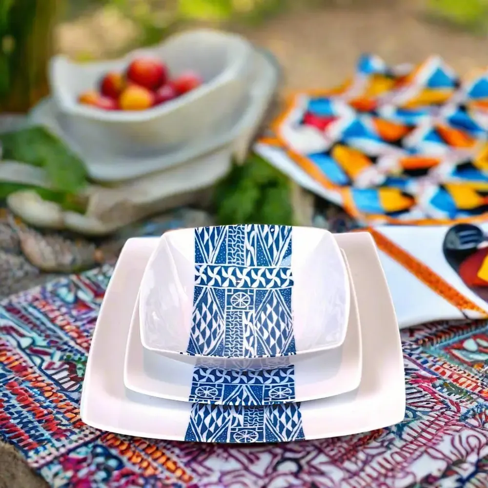 Gifts - Limited Edition: Set of 6 Customizable Ndop Blue Pattern Porcelain Plates – Unique Cameroonian Craftsmanship - KEMI HOME ART