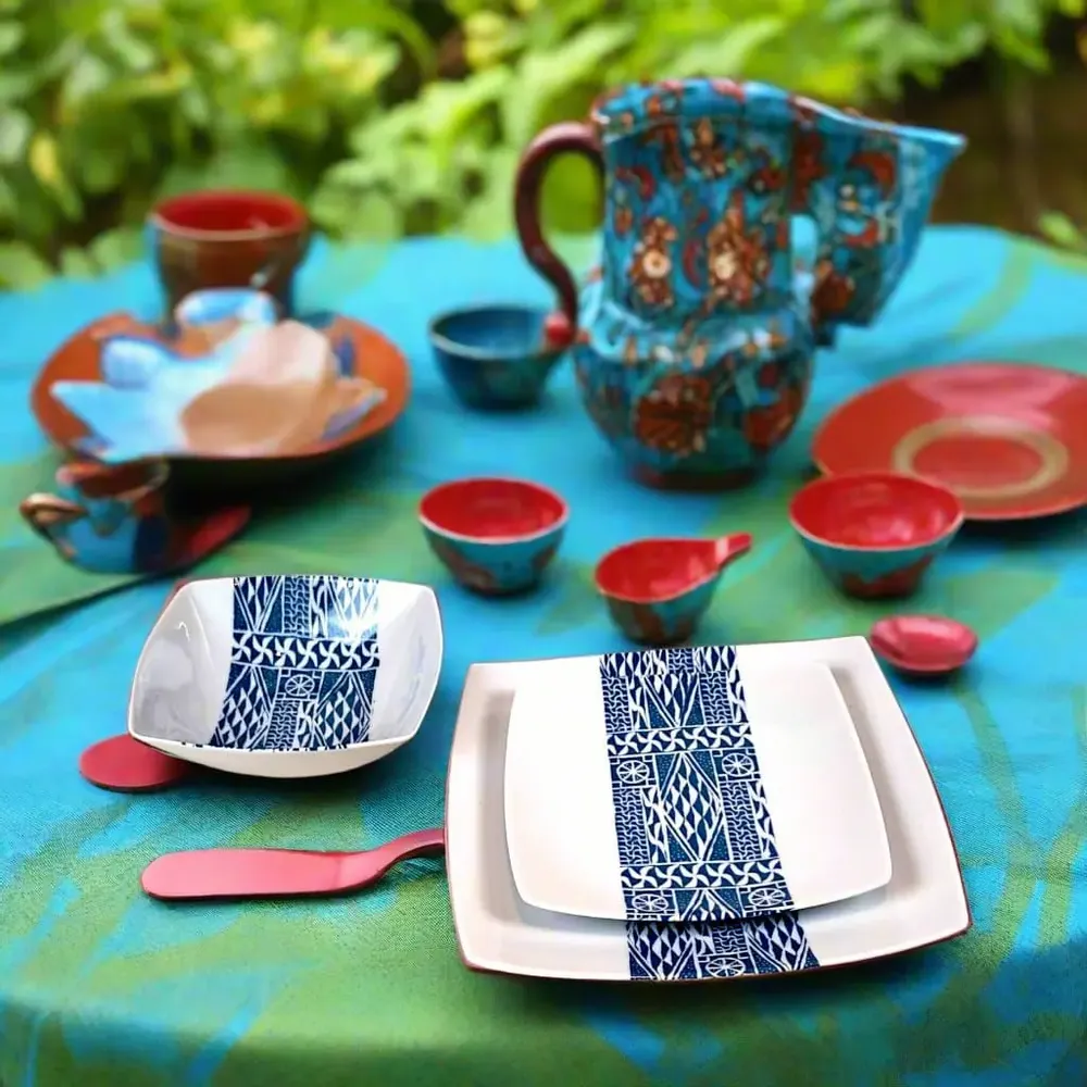 Gifts - Limited Edition: Set of 6 Customizable Ndop Blue Pattern Porcelain Plates – Unique Cameroonian Craftsmanship - KEMI HOME ART