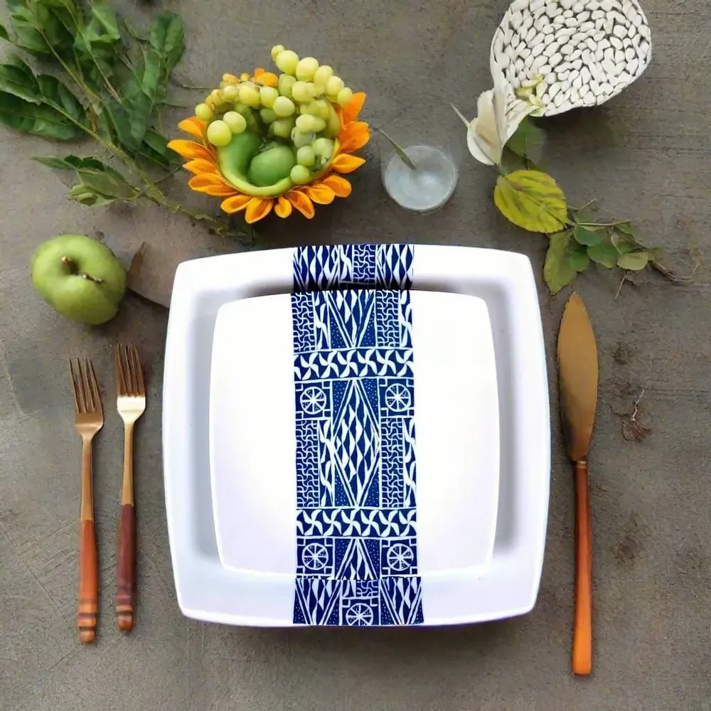Gifts - Limited Edition: Set of 6 Customizable Ndop Blue Pattern Porcelain Plates – Unique Cameroonian Craftsmanship - KEMI HOME ART