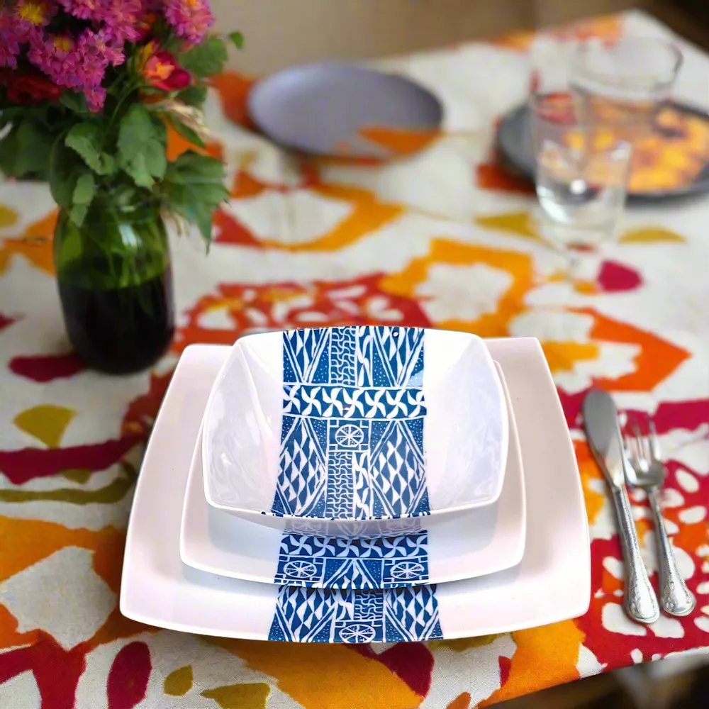 Gifts - Limited Edition: Set of 6 Customizable Ndop Blue Pattern Porcelain Plates – Unique Cameroonian Craftsmanship - KEMI HOME ART