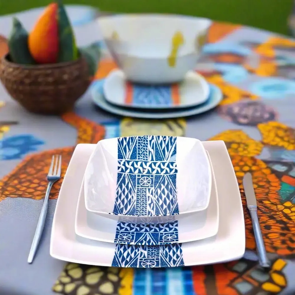 Gifts - Limited Edition: Set of 6 Customizable Ndop Blue Pattern Porcelain Plates – Unique Cameroonian Craftsmanship - KEMI HOME ART