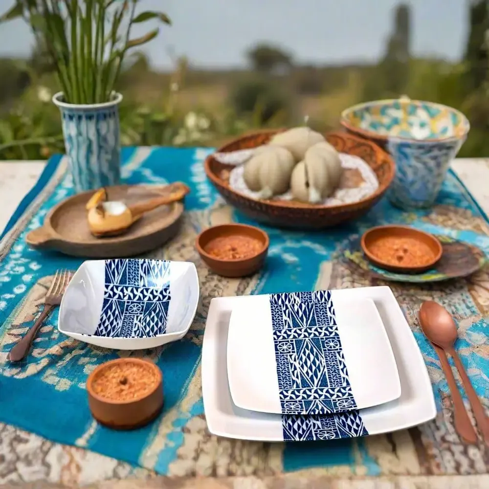 Gifts - Limited Edition: Set of 6 Customizable Ndop Blue Pattern Porcelain Plates – Unique Cameroonian Craftsmanship - KEMI HOME ART