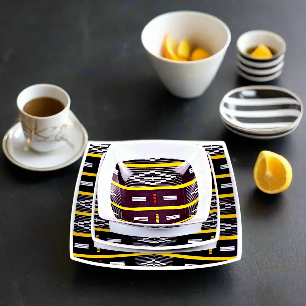 Gifts - Baoulé Art Set: 6 Customizable Square Porcelain Plates – Unique Black & Yellow Ethnic Pattern - KEMI HOME ART