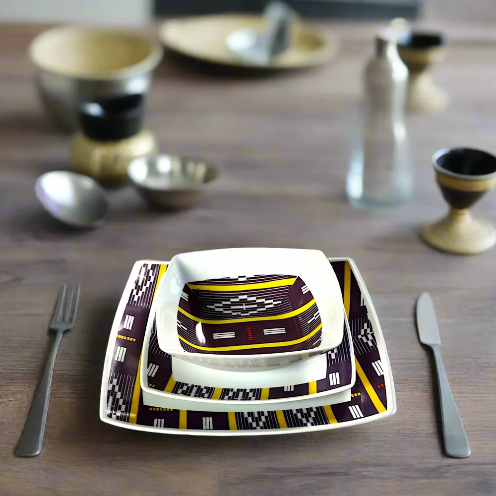 Gifts - Baoulé Art Set: 6 Customizable Square Porcelain Plates – Unique Black & Yellow Ethnic Pattern - KEMI HOME ART