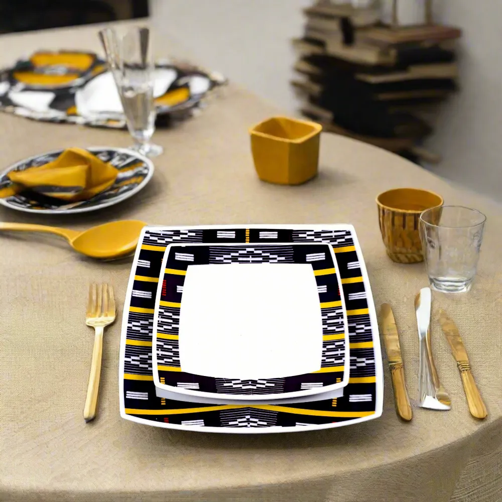 Gifts - Baoulé Art Set: 6 Customizable Square Porcelain Plates – Unique Black & Yellow Ethnic Pattern - KEMI HOME ART