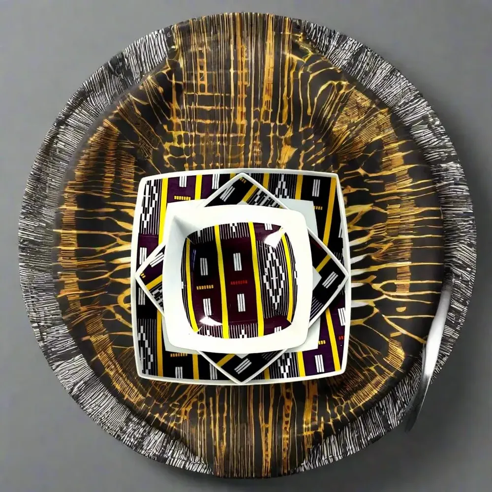 Gifts - Baoulé Art Set: 6 Customizable Square Porcelain Plates – Unique Black & Yellow Ethnic Pattern - KEMI HOME ART