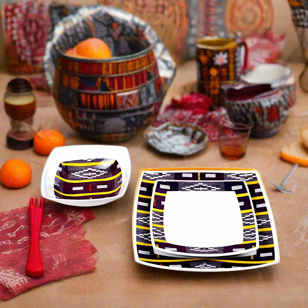Gifts - Baoulé Art Set: 6 Customizable Square Porcelain Plates – Unique Black & Yellow Ethnic Pattern - KEMI HOME ART