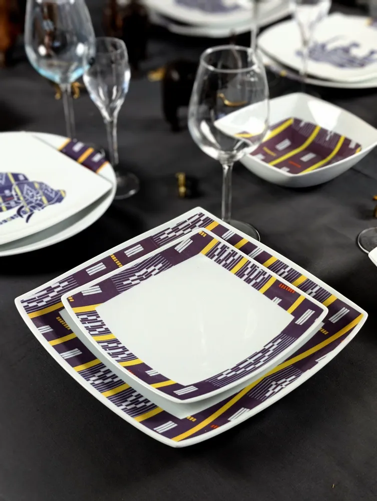 Gifts - Baoulé Art Set: 6 Customizable Square Porcelain Plates – Unique Black & Yellow Ethnic Pattern - KEMI HOME ART