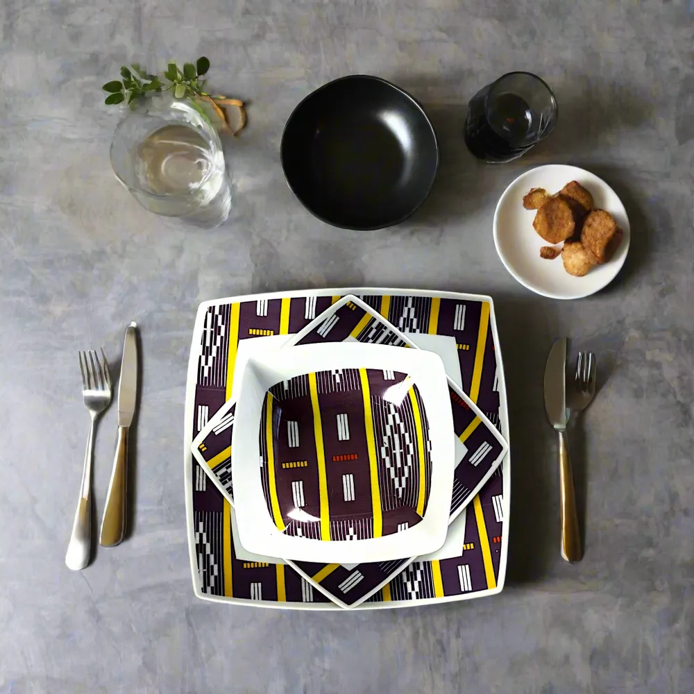 Gifts - Baoulé Art Set: 6 Customizable Square Porcelain Plates – Unique Black & Yellow Ethnic Pattern - KEMI HOME ART