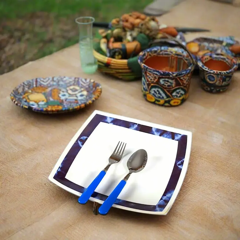 Gifts - Indigo Splendor: Set of 6 Customizable Square French Porcelain Plates – Unique Ethnic Deep Blue Night Pattern - KEMI HOME ART