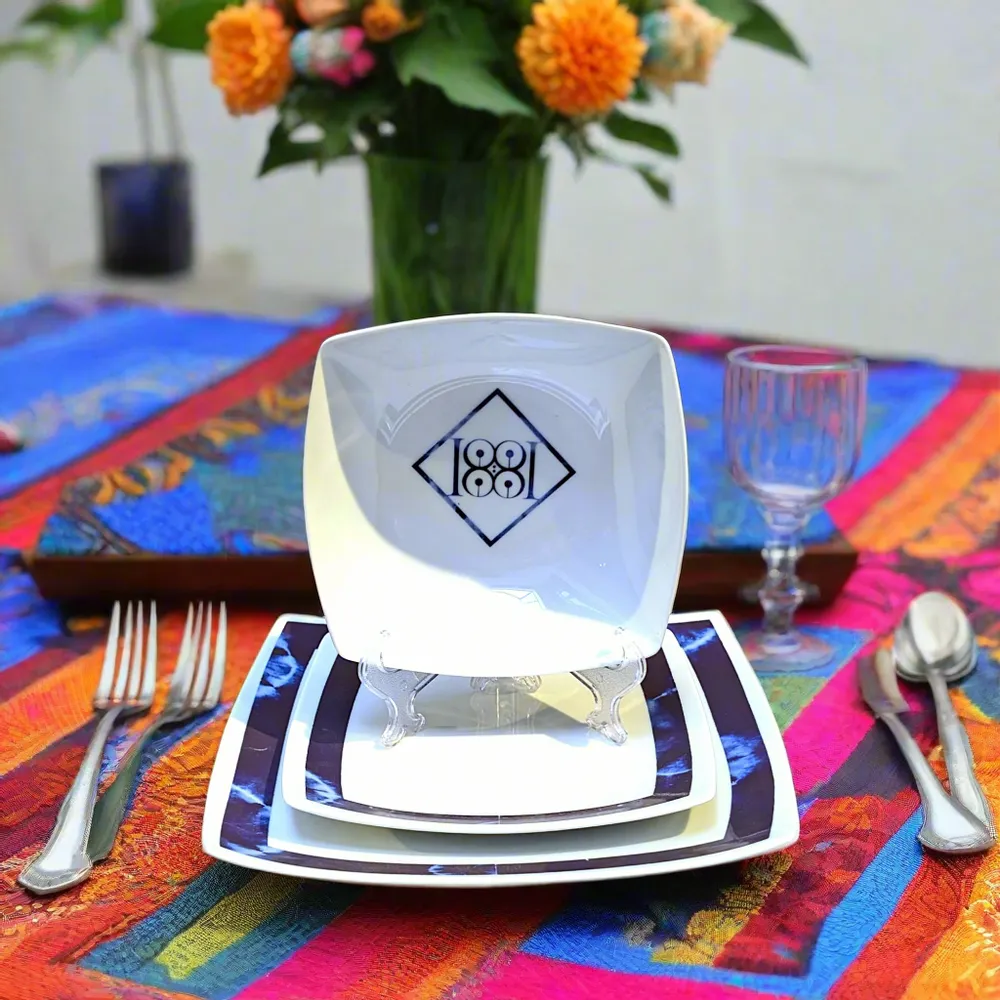 Gifts - Indigo Splendor: Set of 6 Customizable Square French Porcelain Plates – Unique Ethnic Deep Blue Night Pattern - KEMI HOME ART