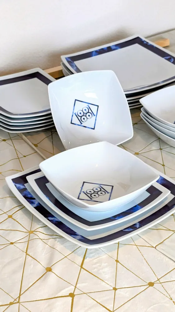 Gifts - Indigo Splendor: Set of 6 Customizable Square French Porcelain Plates – Unique Ethnic Deep Blue Night Pattern - KEMI HOME ART