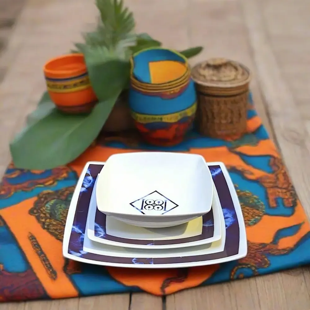 Gifts - Indigo Splendor: Set of 6 Customizable Square French Porcelain Plates – Unique Ethnic Deep Blue Night Pattern - KEMI HOME ART