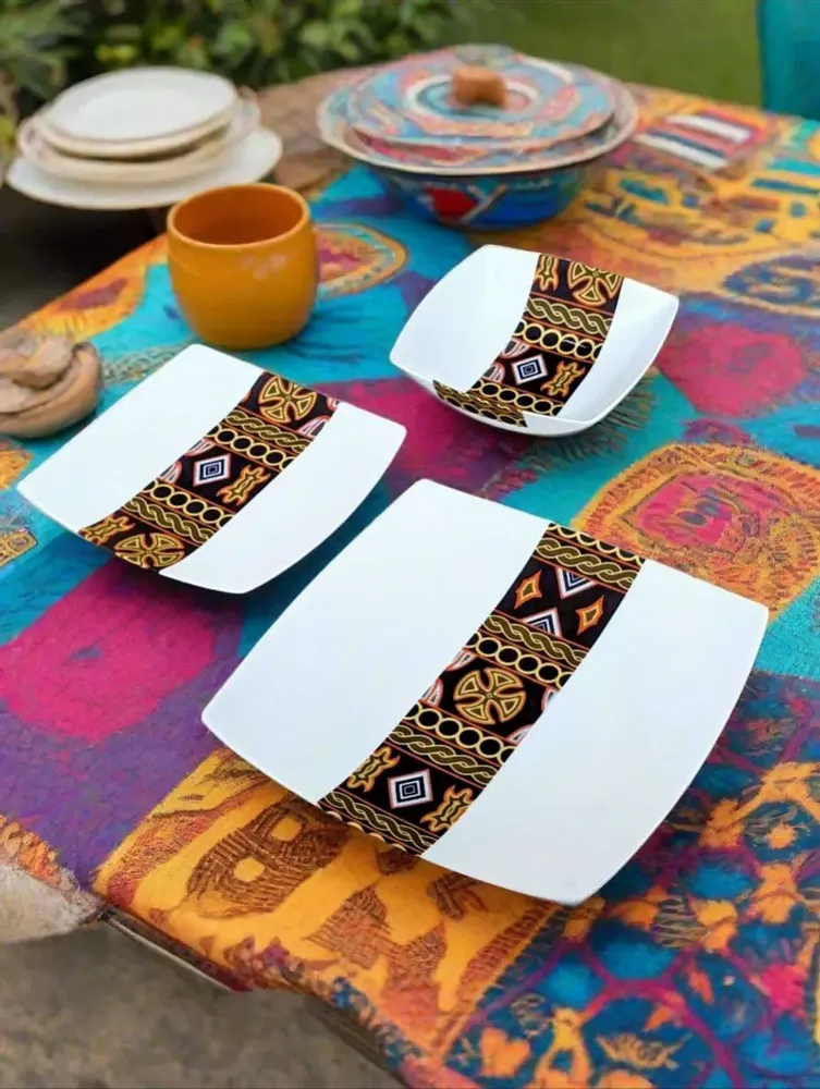 Gifts - Limited Edition: Set of 6 Customizable Square Plates – Ndop Black Pattern, Unique Cameroonian Craftsmanship - KEMI HOME ART