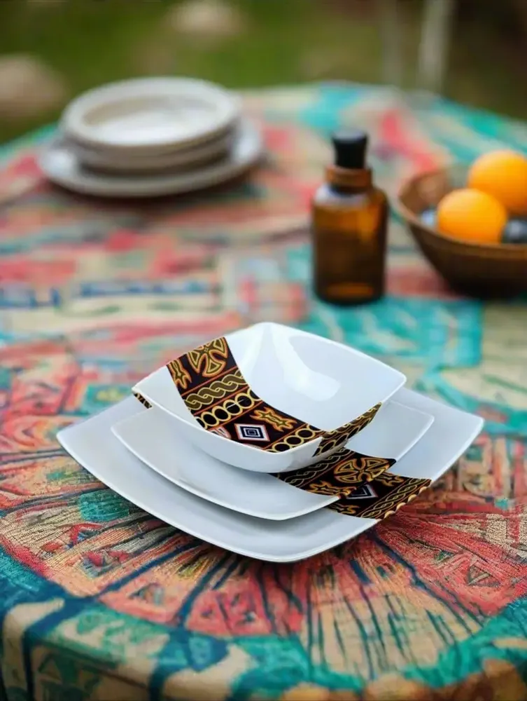 Gifts - Limited Edition: Set of 6 Customizable Square Plates – Ndop Black Pattern, Unique Cameroonian Craftsmanship - KEMI HOME ART