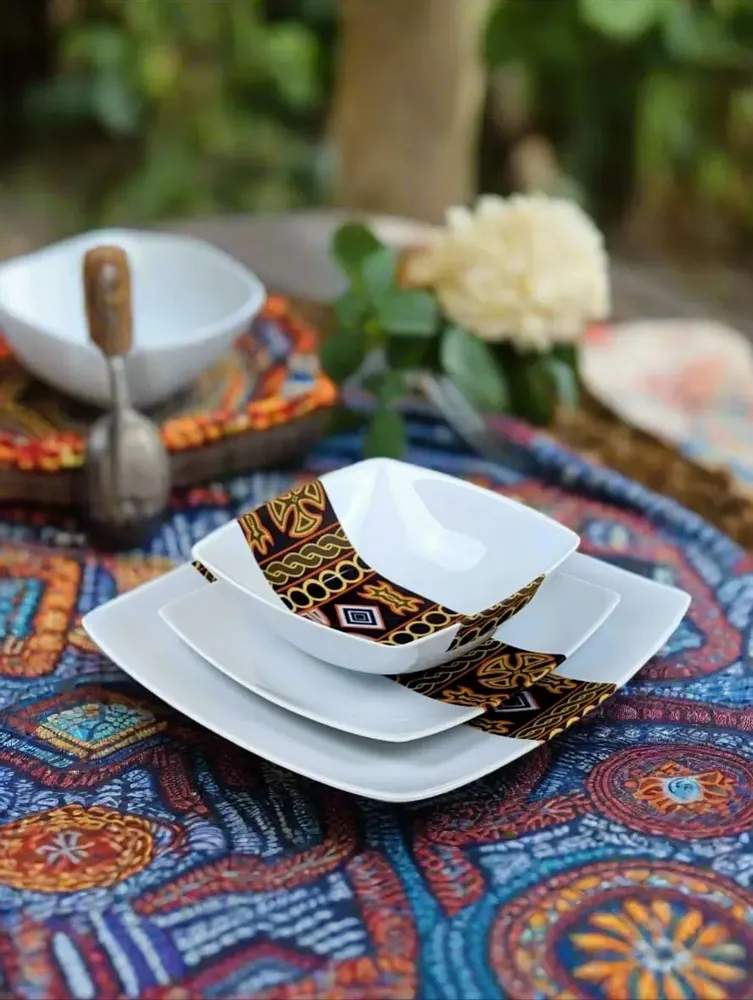 Gifts - Limited Edition: Set of 6 Customizable Square Plates – Ndop Black Pattern, Unique Cameroonian Craftsmanship - KEMI HOME ART