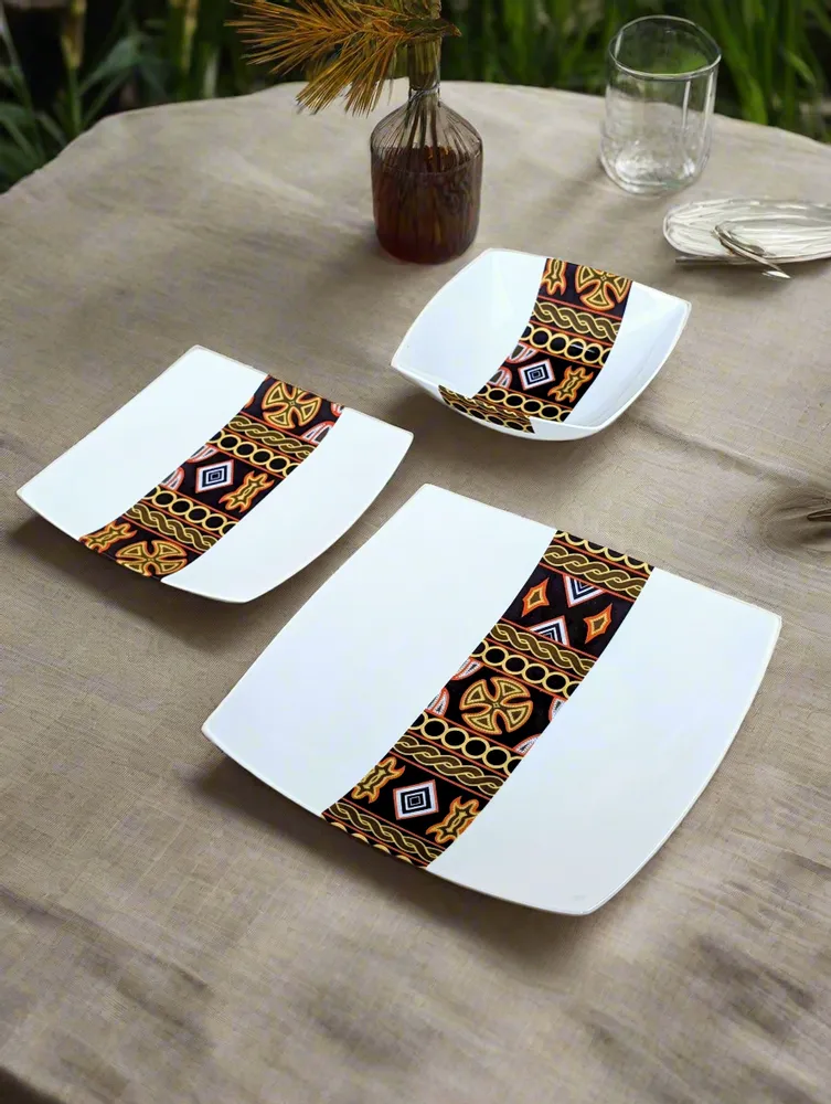 Gifts - Limited Edition: Set of 6 Customizable Square Plates – Ndop Black Pattern, Unique Cameroonian Craftsmanship - KEMI HOME ART