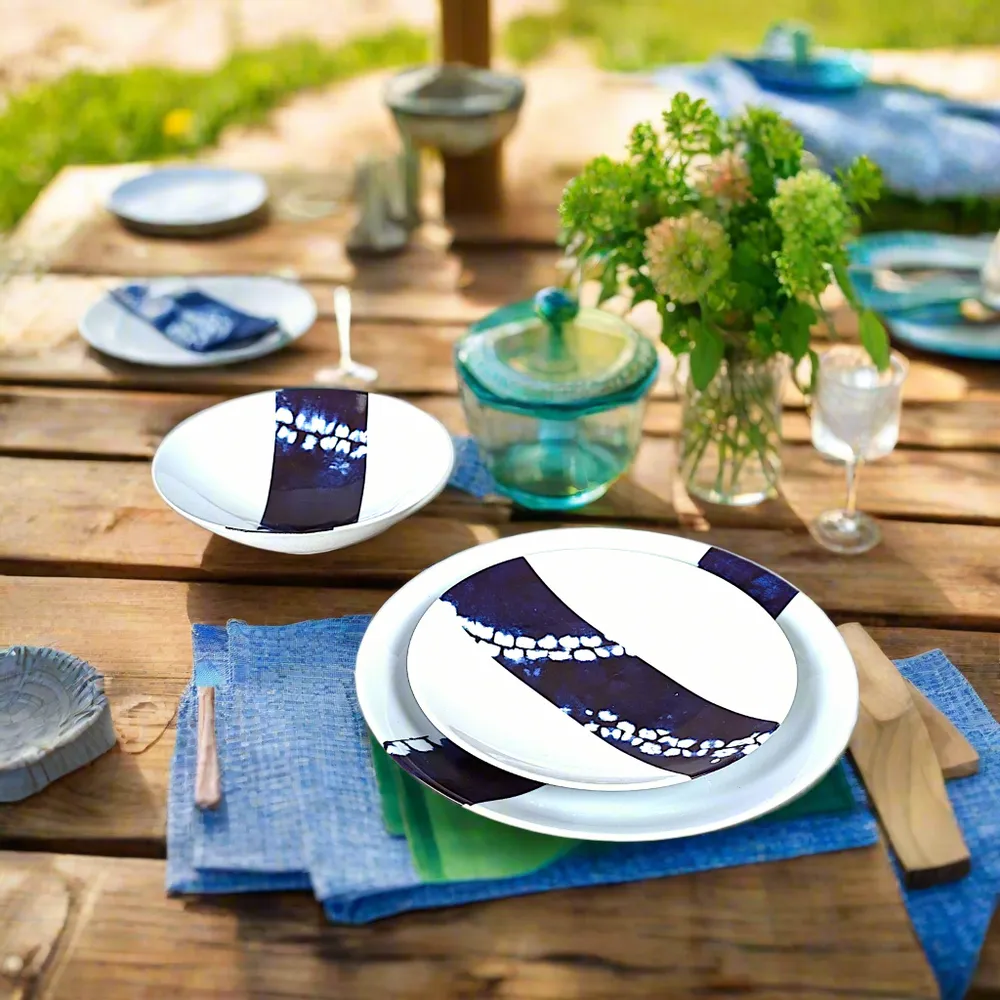 Gifts - Indigo Splendor: Set of 6 Customizable French Porcelain Plates with Unique African Ethnic Motifs - KEMI HOME ART