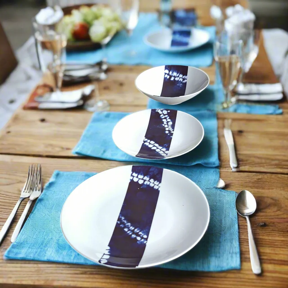 Gifts - Indigo Splendor: Set of 6 Customizable French Porcelain Plates with Unique African Ethnic Motifs - KEMI HOME ART